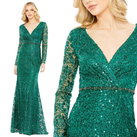 Mac Duggal 68016 Womens Size 14 Green Embellished Long Sleeve Gown Maxi Dress - Picture 1 of 15